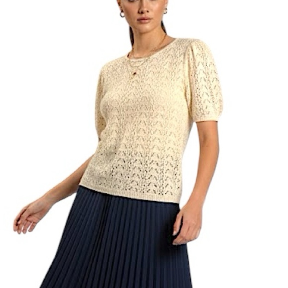 Retro hand made butter yellow short sleeve open knit crochet grandma sweater